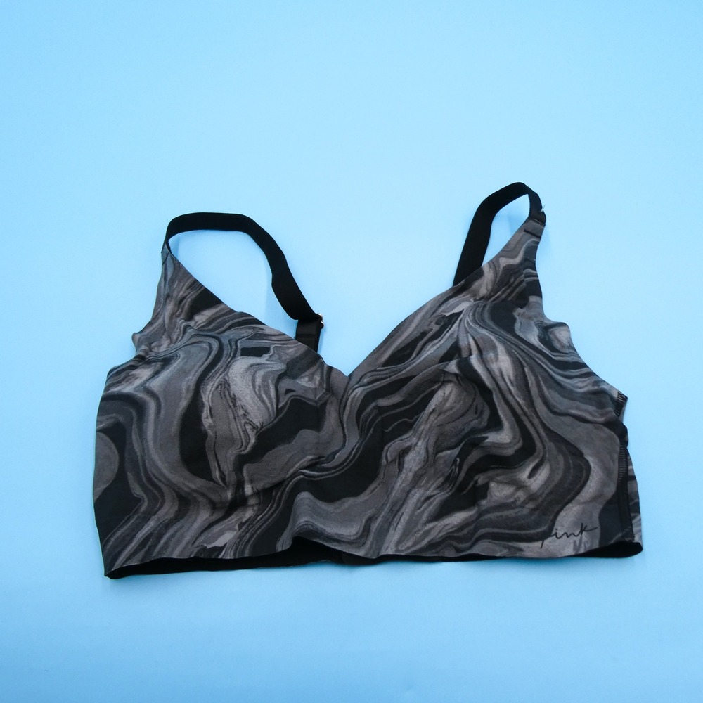 PINK Bralette Women Small DD Marble Print Grey Black Wireless Recycled Polyamide
